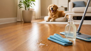 Best cleaner for dog urine on hardwood floors cover image showing a sealed hardwood floor cleanup scene with a pet-safe spray cleaner and microfiber pad