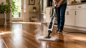 Best floor steam cleaner cover image showing a steam mop cleaning a sealed hard floor in a practical home scene
