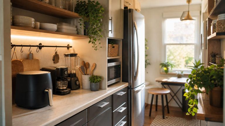 Best kitchen appliances for small spaces cover image showing a compact apartment kitchen with space-smart appliances integrated into one coherent setup