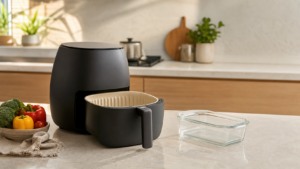 Non toxic air fryer and glass cooking container on a clean kitchen counter