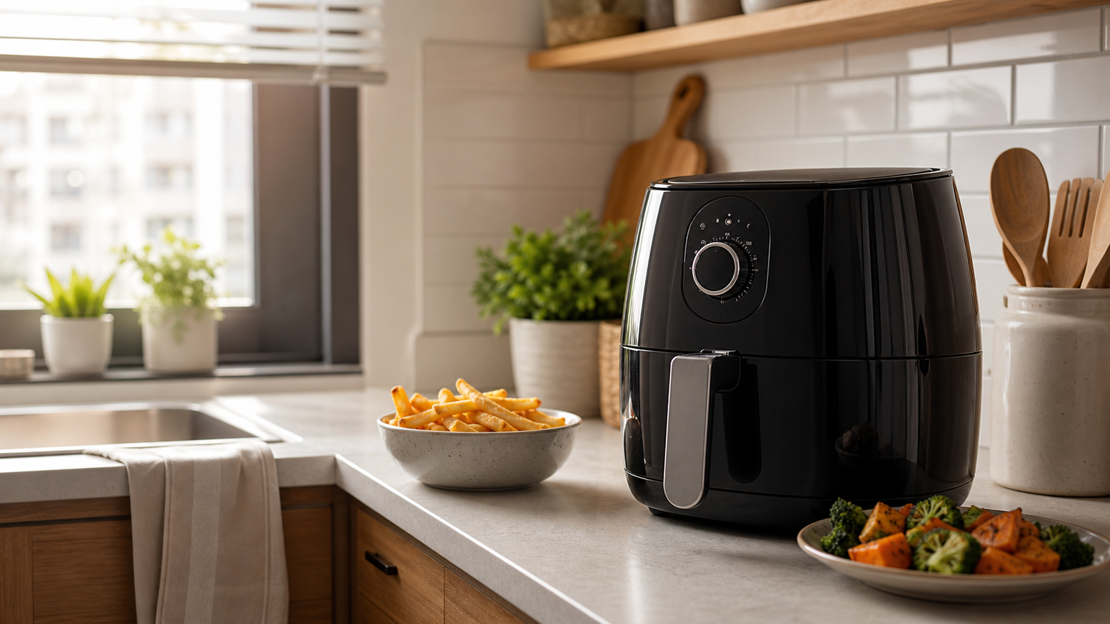 Compact air fryer on a small kitchen counter