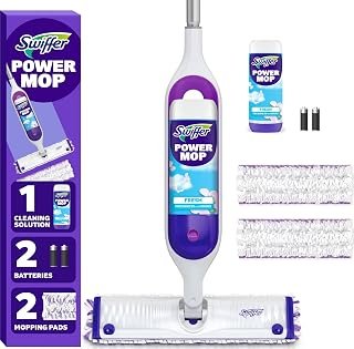 Swiffer PowerMop Mopping Kit for Floor Cleaning, Set Includes 1 Power Mop, 2 Replacement Pads, 1 Liquid Solution Refill, 2 Batteries, No Bucket Needed Electric Spray Cleaner, Multi-Surface and Wood