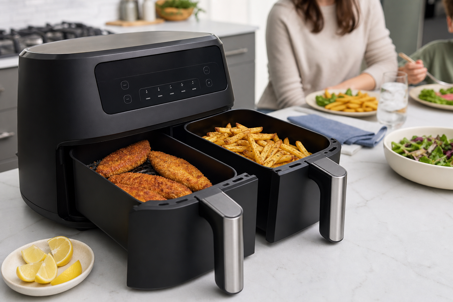 Dual-basket air fryer cooking fish and fries