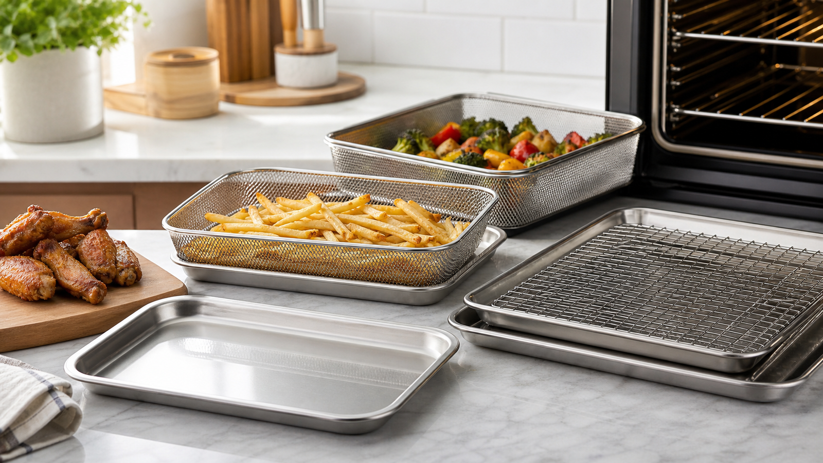 Oven air fryer trays compared on a kitchen counter