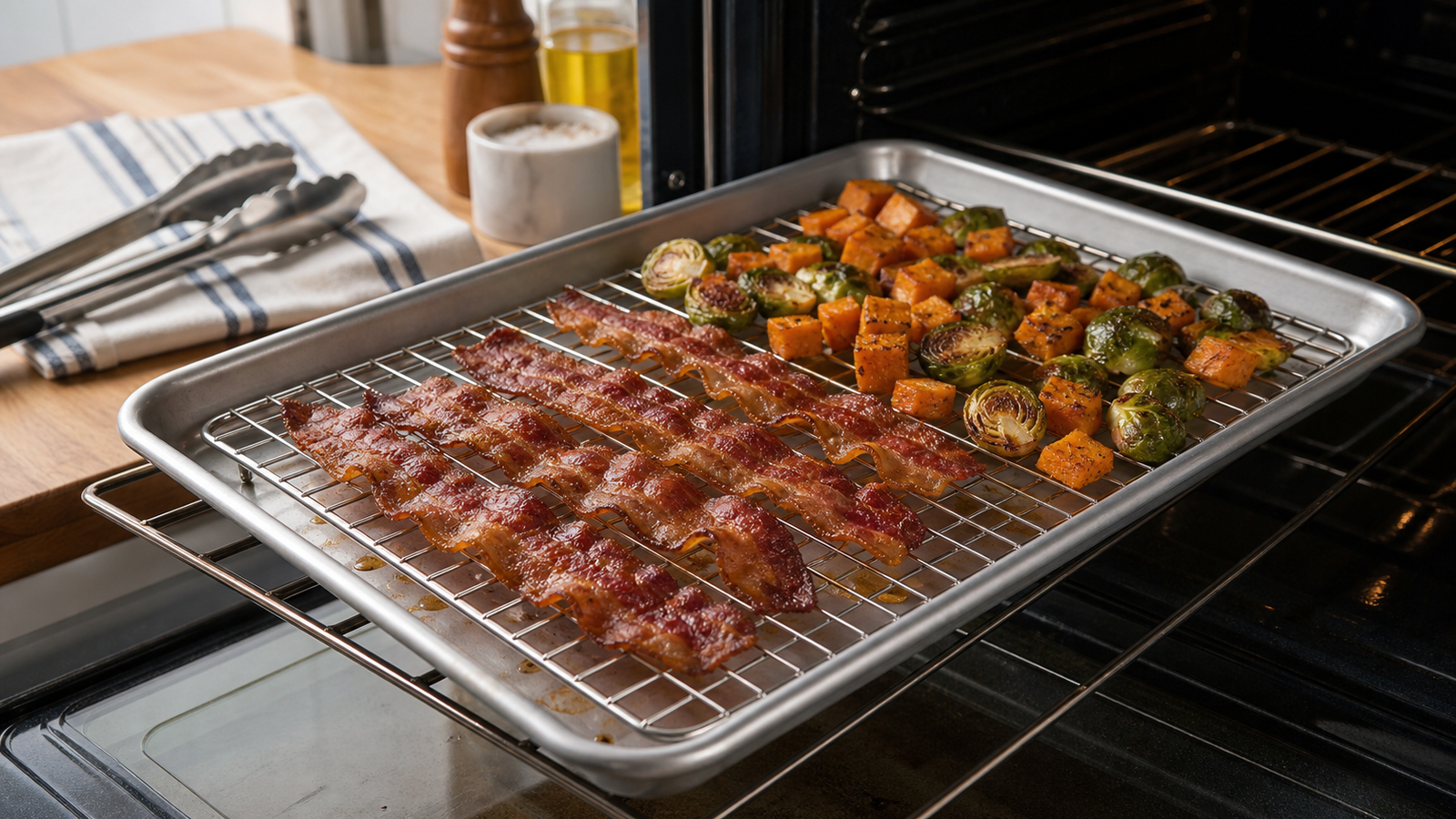 Pan and rack style oven crisping tray with bacon and vegetables
