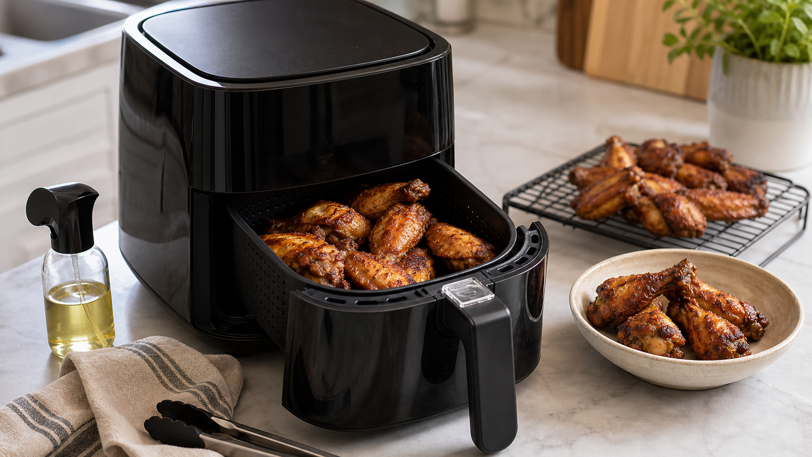 High heat basket air fryer cooking crispy chicken wings
