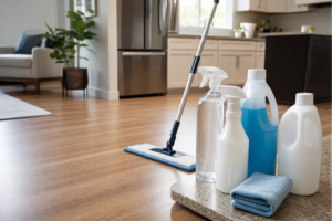 Laminate floor cleaners with microfiber mop in a bright kitchen