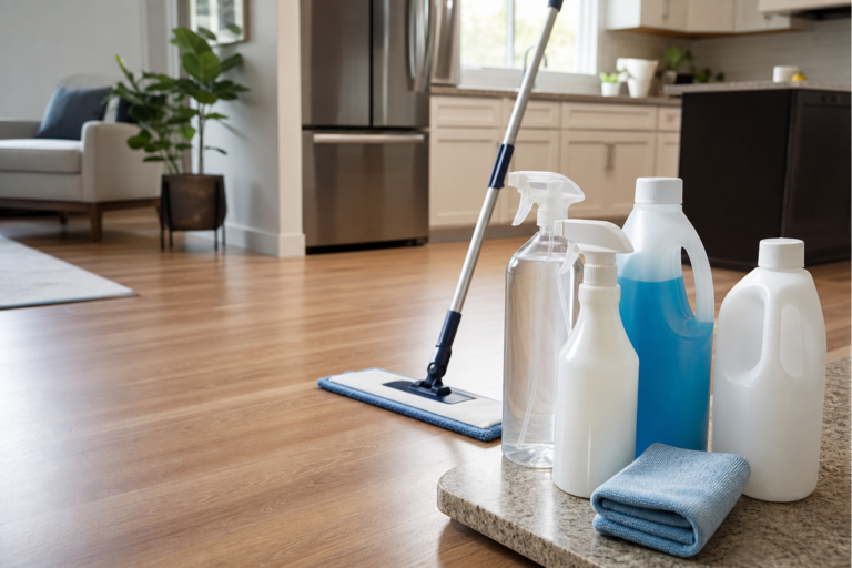 Laminate floor cleaners with microfiber mop in a bright kitchen