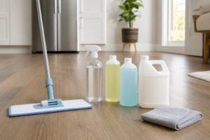LVP cleaner bottles and a microfiber mop in a bright home interior