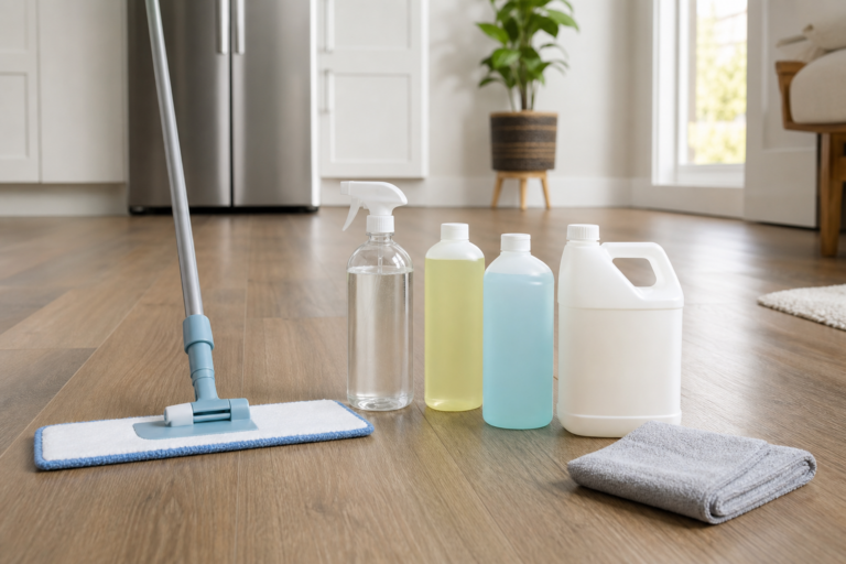 LVP cleaner bottles and a microfiber mop in a bright home interior
