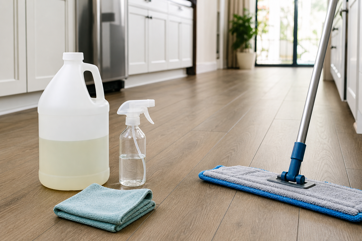 Microfiber mop cleaning LVP flooring beside a concentrate cleaner bottle