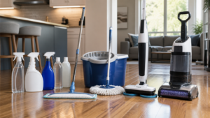 Floor cleaning products and mops arranged for different hard floor messes