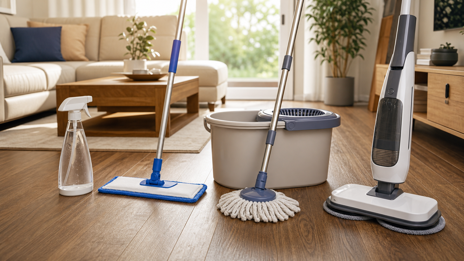 Hardwood floor cleaners and mops arranged in a bright living room