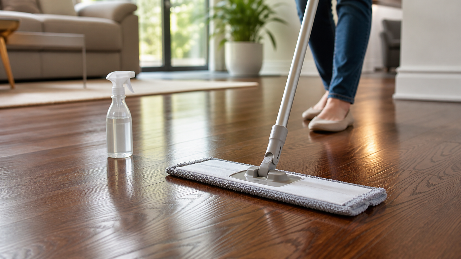 Microfiber mop cleaning a sealed hardwood floor with a light shine