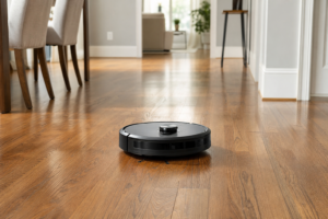 Robot vacuum cleaning a hardwood floor in a bright living room