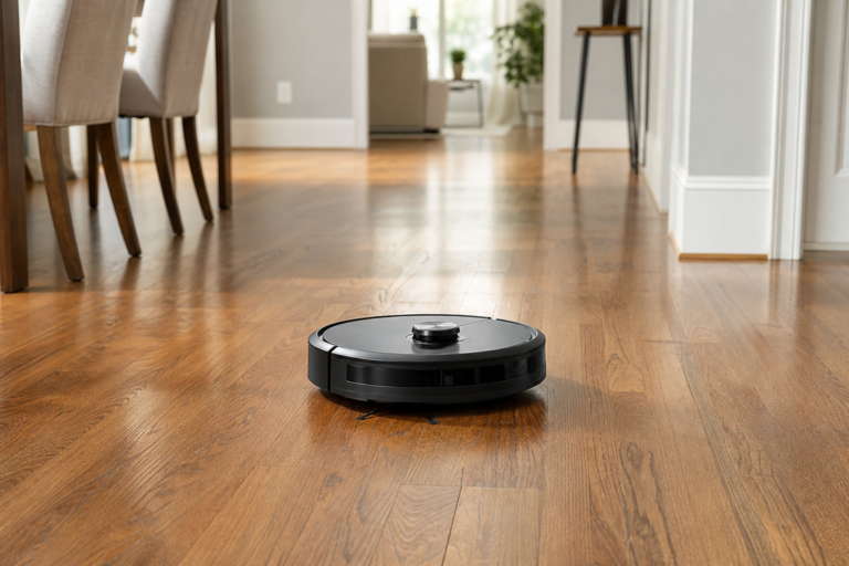 Robot vacuum cleaning a hardwood floor in a bright living room