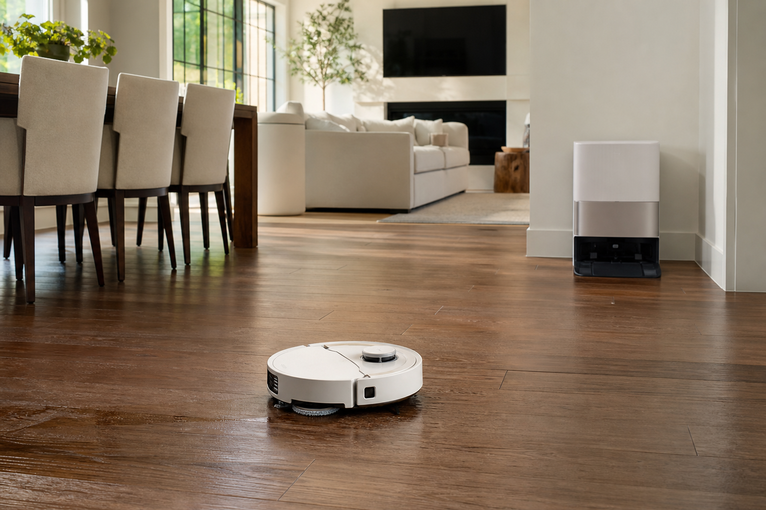 Premium robot vacuum and mop working near chairs on sealed wood floors
