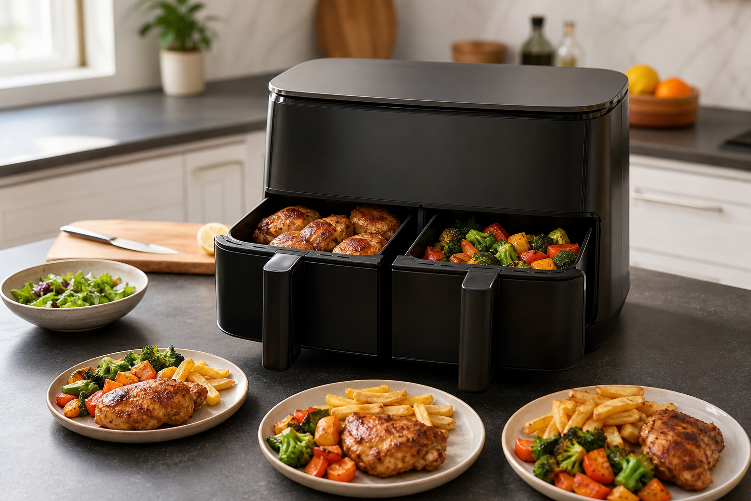 Dual-basket air fryer cooking a main and side for three people