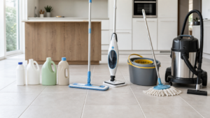 Tile floor cleaners, microfiber mop, steam mop, and wet dry machine compared in a kitchen