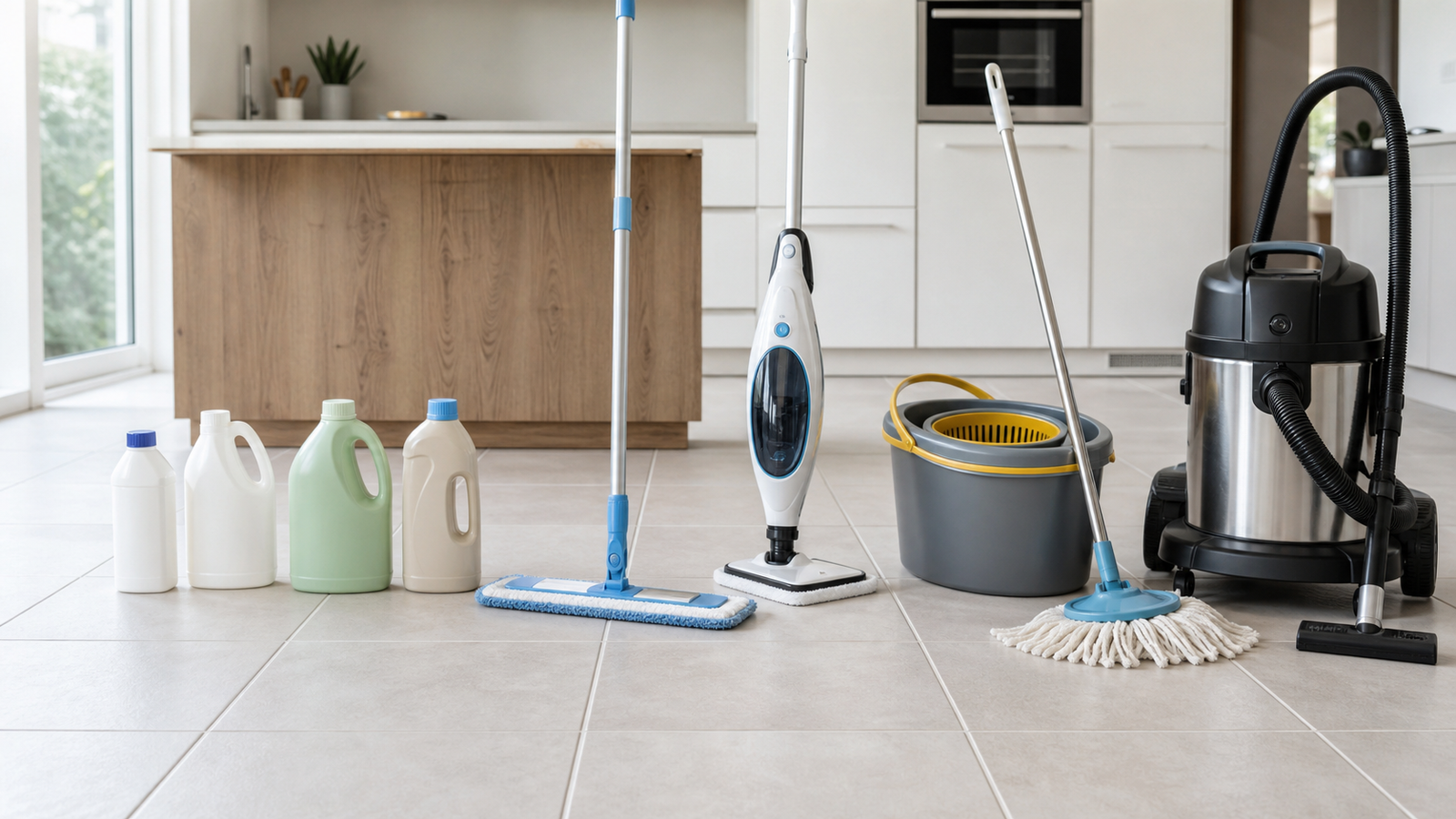 Tile floor cleaners, microfiber mop, steam mop, and wet dry machine compared in a kitchen
