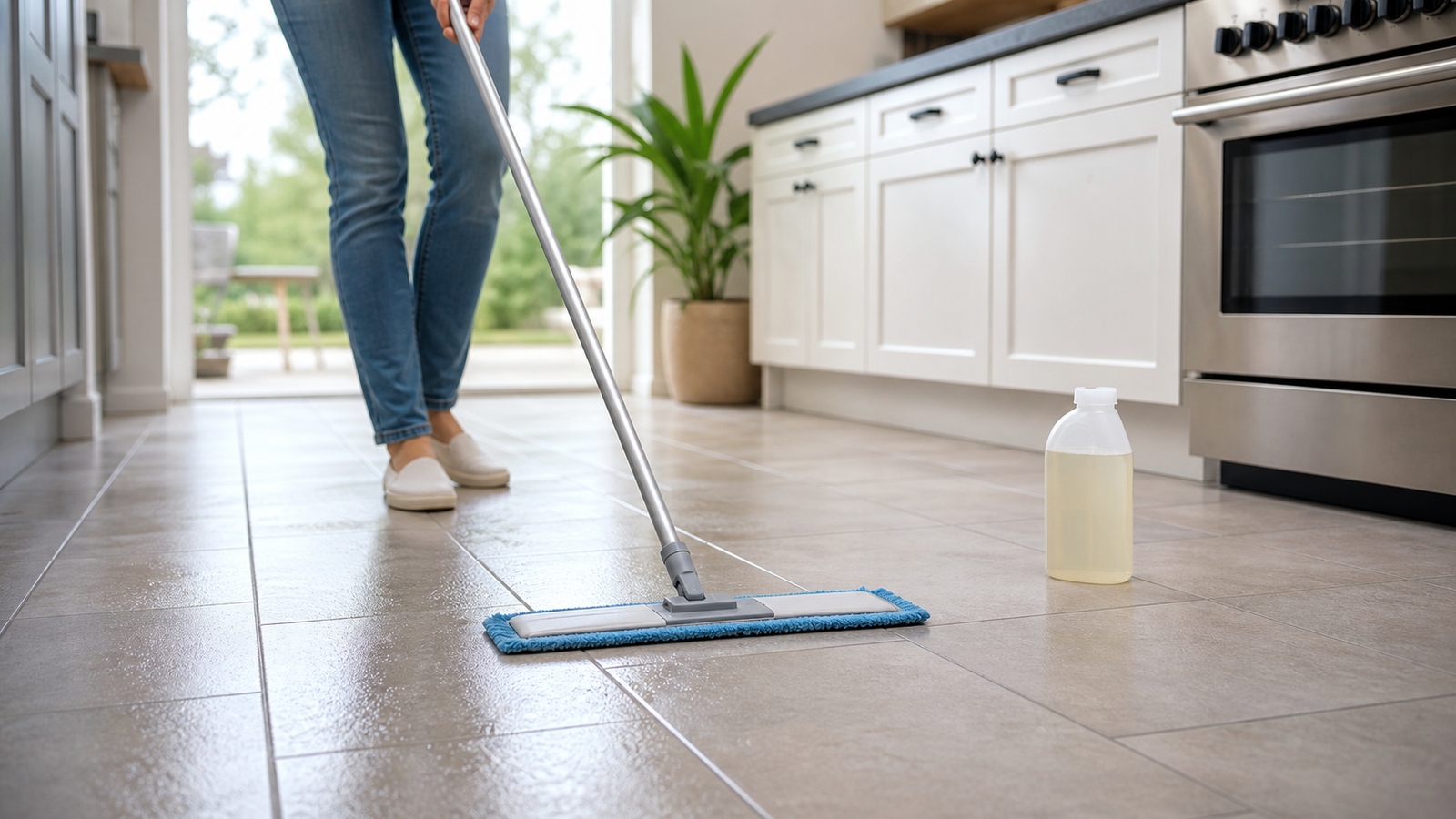 Microfiber mop using a gentle cleaner on a sealed tile kitchen floor